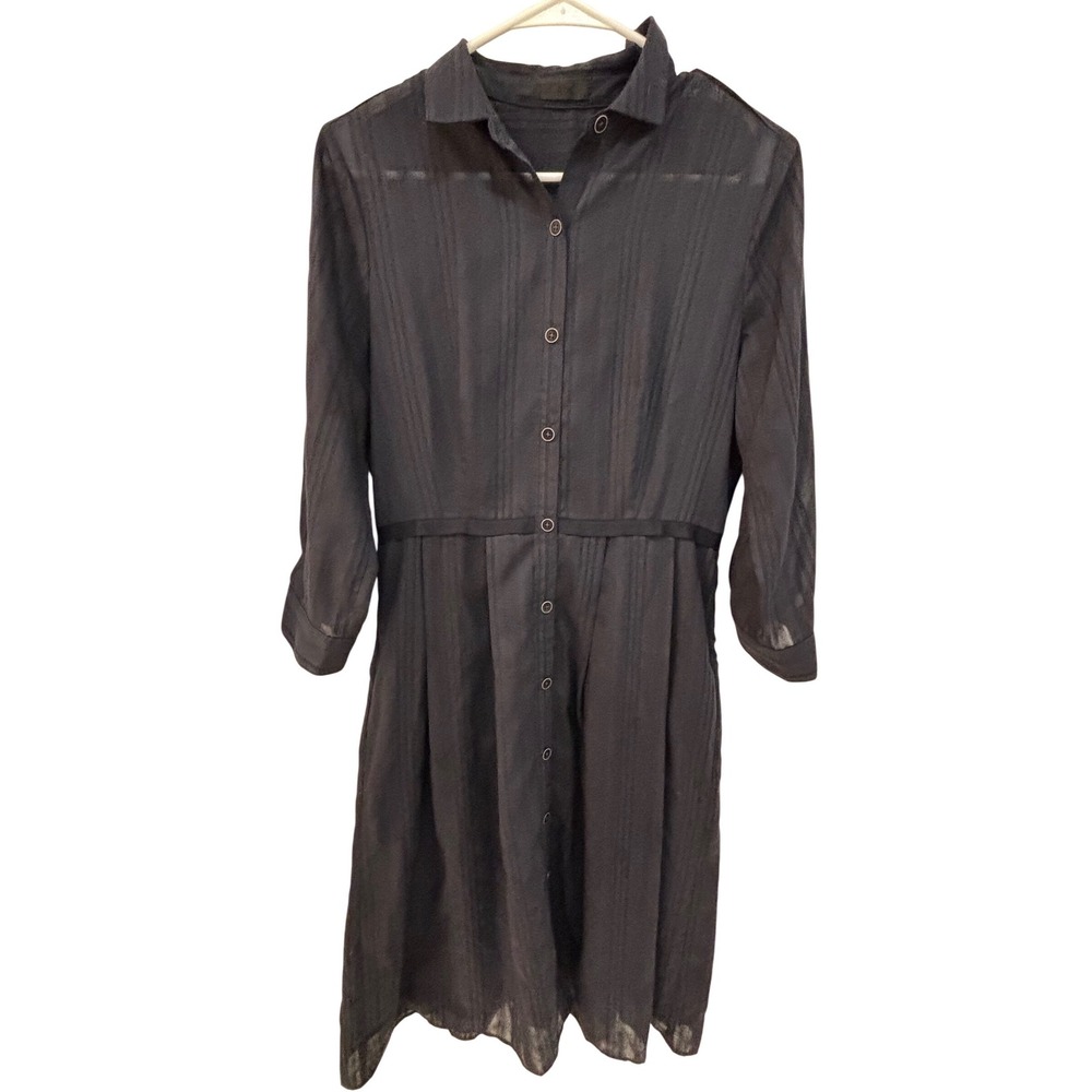 ATM Dress Navy Sheer‎ Striped Button Front Midi Womens S P